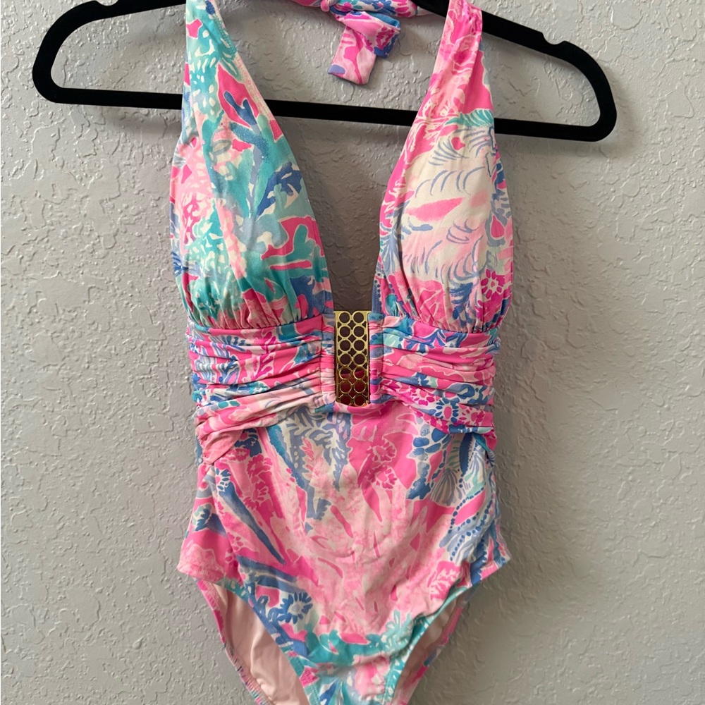 Lilly Pulitzer Pink and Blue One Piece Swimsuit with Plunging V-neckline